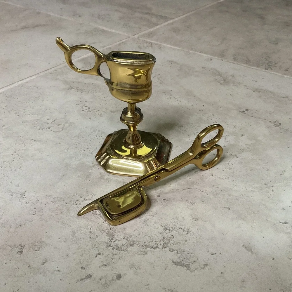Vintage Solid Brass Candle Wick Snuffer Trimmer Scissor with Stand Made England